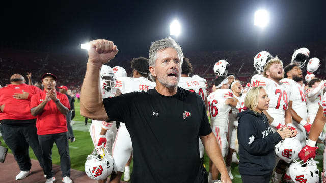 Oct 21, 2023; Los Angeles, California, USA; Utah Utes head coach Kyle Whittingham celebrates after the game against the Southern California Trojans at United Airlines Field at Los Angeles Memorial Coliseum. Mandatory Credit: Kirby Lee-USA TODAY Sports