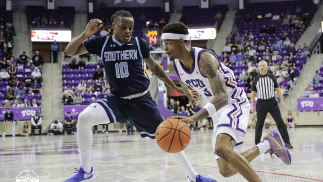 TCU men's basketball guard Avery Anderson III drives down the court in the game against Southern on November 6, 2023.