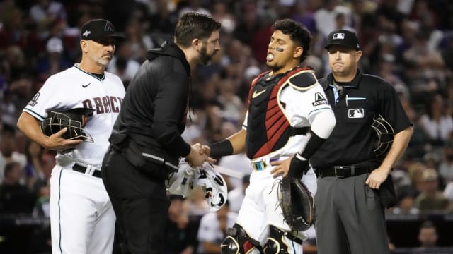 Gabriel Moreno checked by trainer during injury timeout, NLDS Game 3, October 11, 2023
