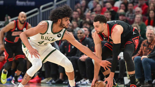 Chicago Bulls guard Zach LaVine (8) is guarded by Milwaukee Bucks guard Andre Jackson Jr. (44) in the third quarter at Fiserv Forum.