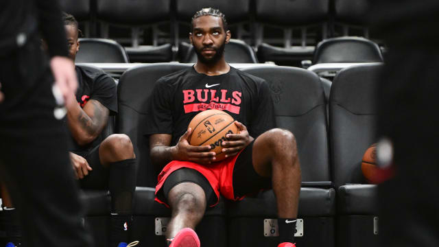 Wisconsin, USA; Chicago Bulls forward Patrick Williams (44) watches team warmups before the game against the Milwaukee Bucks at Fiserv Forum.