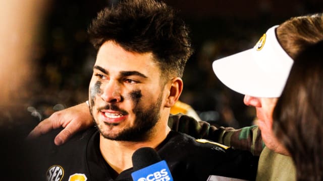 Missouri running back Cody Schrader talks with CBS after a college football game at Faurot Field on Nov. 11, 2023, in Columbia, Mo.