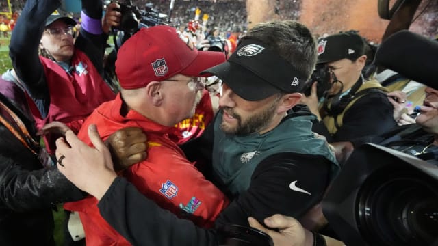 Andy Reid and Nick Sirianni embrace after the Chiefs beat the Eagles, 38-35, in Super Bowl LVII