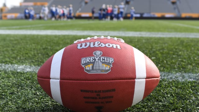 Nov 16, 2023; Hamilton, Ontario, CAN; An official Grey Cup football sits on the sideline awaiting use during the Winnipeg Blue Bombers practice at Tim Hortons Field. Mandatory Credit: Dan Hamilton-USA TODAY Sports