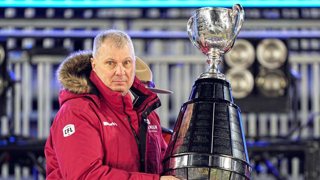 Dec 12, 2021; Hamilton, Ontario, CAN; Canadian Football League commissioner Randy Ambrosie goes to present the Grey Cup to the Winnipeg Blue Bombers after a win over the Hamilton Tiger-Cats in the 108th Grey Cup football game at Tim Hortons Field. Mandatory Credit: John E. Sokolowski-USA TODAY Sports