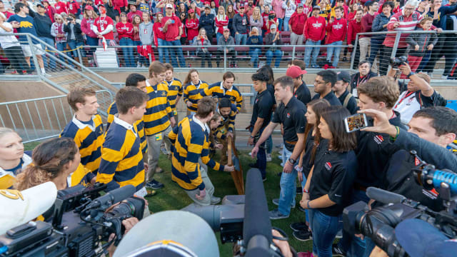 Nov 23, 2019; Stanford, CA, USA; California Golden Bears students grab the Stanford Axe after a California Golden Bears victory against the Stanford Cardinal at Stanford Stadium. Mandatory Credit: Neville E. Guard-USA TODAY Sports