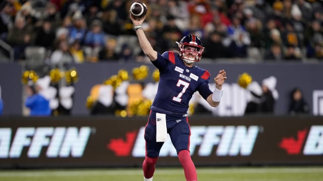Nov 19, 2023; Hamilton, Ontario, CAN; Montreal Alouettes quarterback Cody Fajardo (7) throws against the Winnipeg Blue Bombers during the first quarter of the 110th Grey Cup game at Tim Hortons Field. Mandatory Credit: John E. Sokolowski-USA TODAY Sports