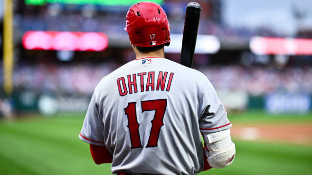 Aug 29, 2023; Philadelphia, Pennsylvania, USA; Los Angeles Angels designated hitter Shohei Ohtani (17) looks on before the game against the Philadelphia Phillies at Citizens Bank Park. Mandatory Credit: Kyle Ross-USA TODAY Sports