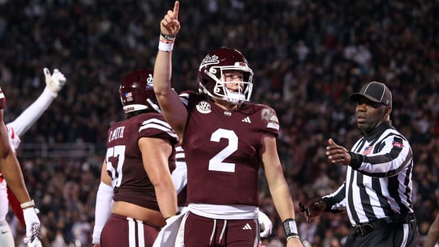 Nov 23, 2023; Starkville, Mississippi, USA; Mississippi State Bulldogs quarterback Will Rogers (2) reacts during the second half against the Mississippi Rebels at Davis Wade Stadium at Scott Field. Mandatory Credit: Petre Thomas-USA TODAY Sports  