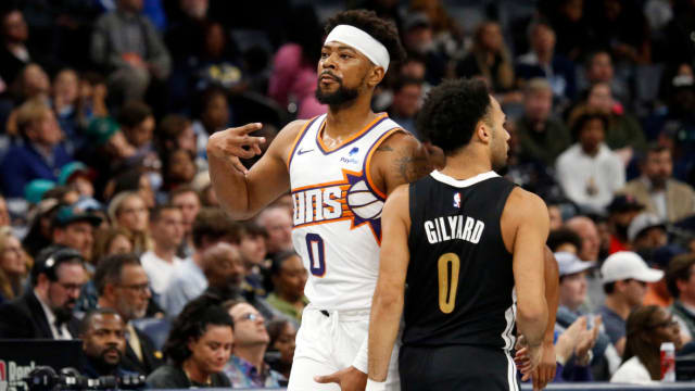 Phoenix Suns guard Jordan Goodwin (0) reacts after a three point basket during the second half against the Memphis Grizzlies at FedExForum.