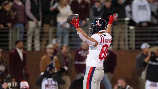 Ole Miss TE Caden Prieskorn (86) celebrates after a touchdown against Mississippi State during the second half of the Egg Bowl at Davis Wade Stadium in Starkville, Miss., Thursday, Nov. 23, 2023.  