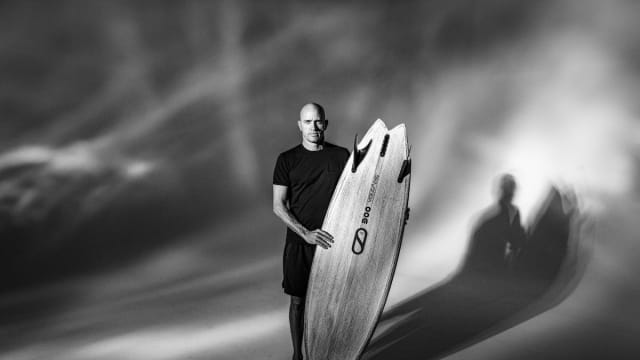 Kelly Slater with his new Slater Designs Great White model