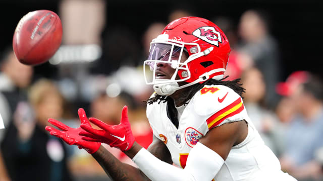 Nov 26, 2023; Paradise, Nevada, USA; Kansas City Chiefs wide receiver Rashee Rice (4) warms up before the start of a game against the Las Vegas Raiders at Allegiant Stadium. Mandatory Credit: Stephen R. Sylvanie-USA TODAY Sports  