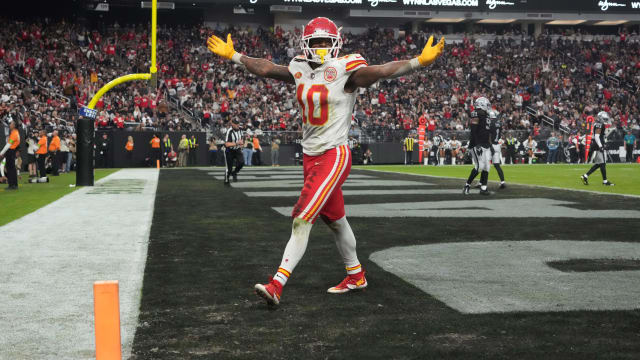 Nov 26, 2023; Paradise, Nevada, USA; Kansas City Chiefs running back Isiah Pacheco (10) celebrates in the first half against the Las Vegas Raiders at Allegiant Stadium. Mandatory Credit: Kirby Lee-USA TODAY Sports  
