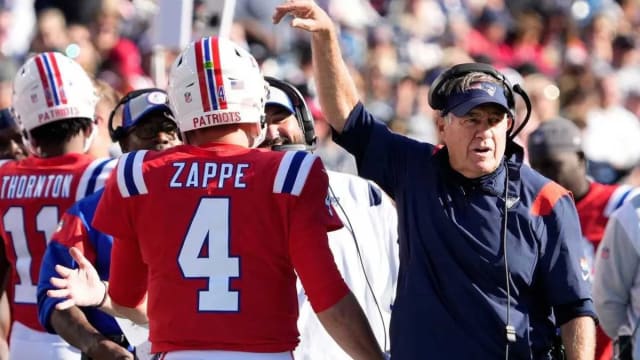 New England Patriots coach Bill Belichick, QB Bailey Zappe