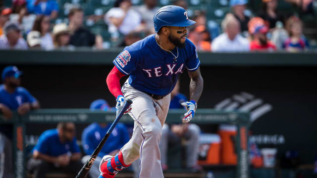 Sep 8, 2019; Baltimore, MD, USA; Texas Rangers center fielder Delino DeShields (3) at bat against the Baltimore Orioles during the seventh inning at Oriole Park at Camden Yards. Mandatory Credit: Scott Taetsch-USA TODAY Sports