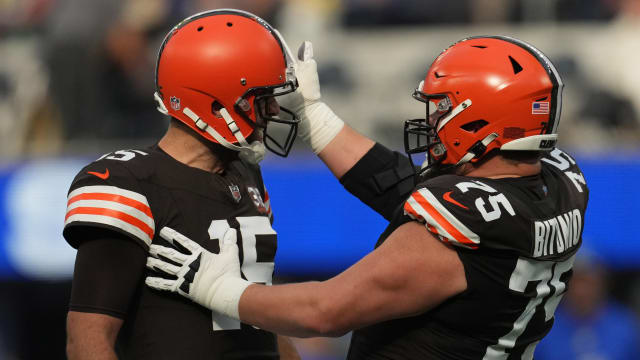 Dec 3, 2023; Inglewood, California, USA; Cleveland Browns quarterback Joe Flacco (15) celebrates with guard Joel Bitonio (75) after a touchdown against the Los Angeles Rams in the first half at SoFi Stadium. Mandatory Credit: Kirby Lee-USA TODAY Sports