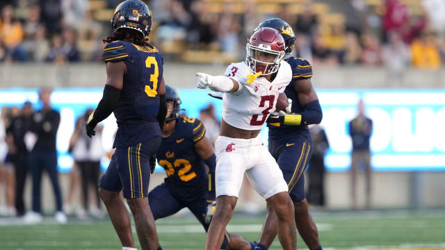 Nov 11, 2023; Berkeley, California, USA; Washington State Cougars wide receiver Josh Kelly (3) gestures after catching a pass against the California Golden Bears during the fourth quarter at California Memorial Stadium. Mandatory Credit: Darren Yamashita-USA TODAY Sports