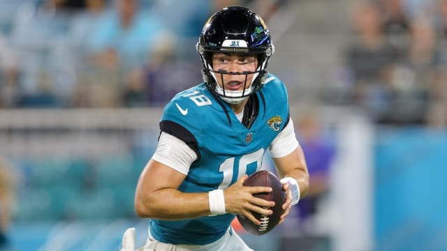 Aug 26, 2023; Jacksonville, Florida, USA; Jacksonville Jaguars quarterback Nathan Rourke (18) drops back to pass against the Miami Dolphins in the third quarter at EverBank Stadium. Mandatory Credit: Nathan Ray Seebeck-USA TODAY Sports