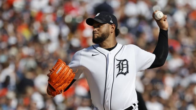 Left-hander Eduardo Rodriguez (57) pitches for the Detroit Tigers at Comerica Park on October 1, 2023.