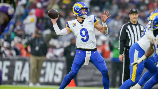 Los Angeles Rams quarterback Matthew Stafford (9) passes against the Baltimore Ravens during the second quarter at M&T Bank Stadium.
