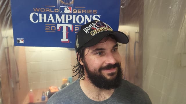 Backup catcher Austin Hedges became a beloved member of the Texas Rangers World Series roster after joining the club via trade on Aug. 1. Hedges, seen here celebrating the team's championship on Nov. 1, signed a free-agent deal with the Cleveland Guardians.