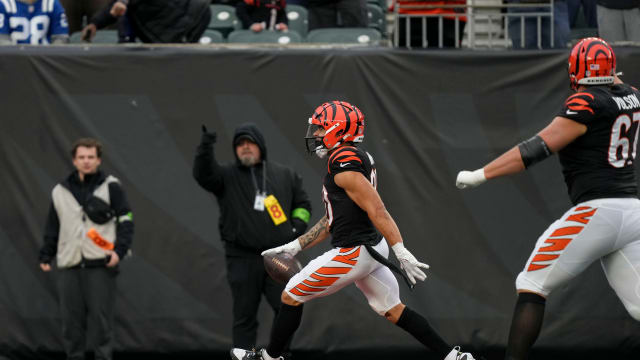 Cincinnati Bengals running back Chase Brown (30) rushes for a touchdown Sunday, Dec. 10, 2023, during a game against the Cincinnati Bengals at Paycor Stadium in Cincinnati.  