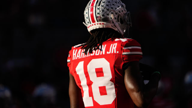 Ohio State Buckeyes wide receiver Marvin Harrison Jr. (18) warms up prior to the NCAA football game against the Minnesota Golden Gophers at Ohio Stadium.