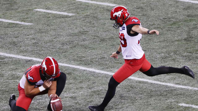 Aug 25, 2022; Winnipeg, Manitoba, CAN; Calgary Stampeders kicker Rene Paredes (30) makes a field goal in the first half against the Winnipeg Blue Bombers at IG Field. Mandatory Credit: Bruce Fedyck-USA TODAY Sports  