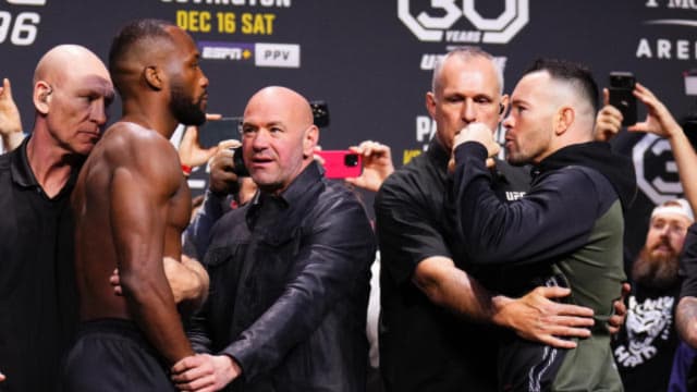 Leon Edwards and Colby Covington stare down ahead of their UFC 296 title fight.