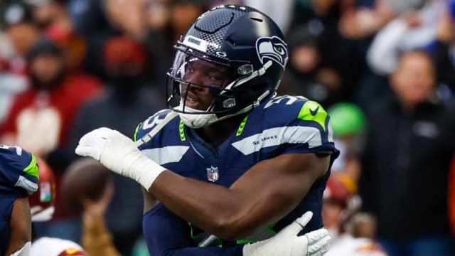 Seattle Seahawks linebacker Boye Mafe (53) celebrates following a sack against the Washington Commanders during the second quarter at Lumen Field.