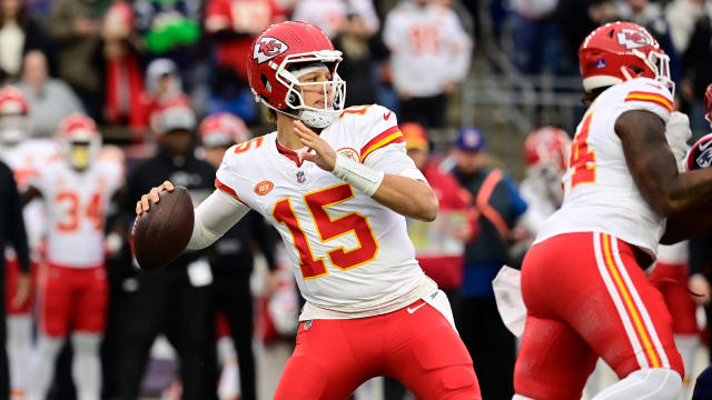 Dec 17, 2023; Foxborough, Massachusetts, USA; Kansas City Chiefs quarterback Patrick Mahomes (15) passes the ball during the first half against the New England Patriots at Gillette Stadium. Mandatory Credit: Eric Canha-USA TODAY Sports  