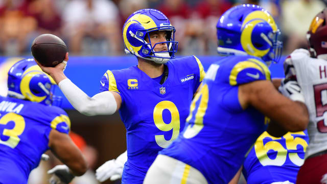 Los Angeles Rams quarterback Matthew Stafford (9) throws against the against the Washington Commanders during the first half at SoFi Stadium.