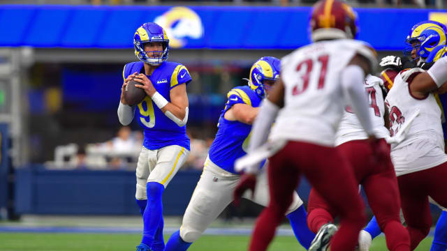 Los Angeles Rams quarterback Matthew Stafford (9) drops back to pass against the Los Angeles Rams during the first half at SoFi Stadium.