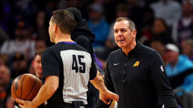 Phoenix Suns head coach Frank Vogel reacts to a call during the third quarter of the game against the Golden State Warriors at Footprint Center.