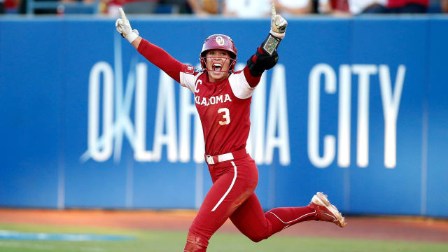 Oklahoma’s Grace Lyons celebrates a home run during the second game of the Women’s College World Championship Series.
