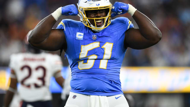 Oct 29, 2023; Inglewood, California, USA; Los Angeles Chargers defensive tackle Sebastian Joseph-Day (51) celebrates after a fourth down stop against the Chicago Bears during third quarter at SoFi Stadium.