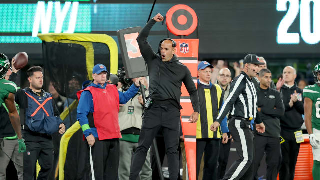 Jets' head coach Robert Saleh celebrates a win over the Eagles