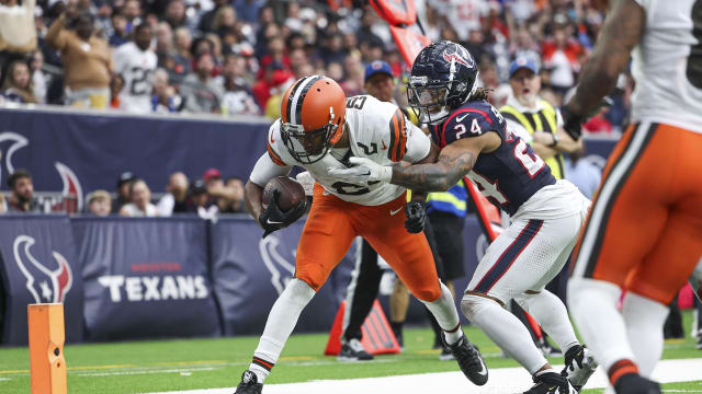 Dec 24, 2023; Houston, Texas, USA; Cleveland Browns wide receiver Amari Cooper (2) steps out of bounds after a reception as Houston Texans cornerback Derek Stingley Jr. (24) defends during the fourth quarter at NRG Stadium.