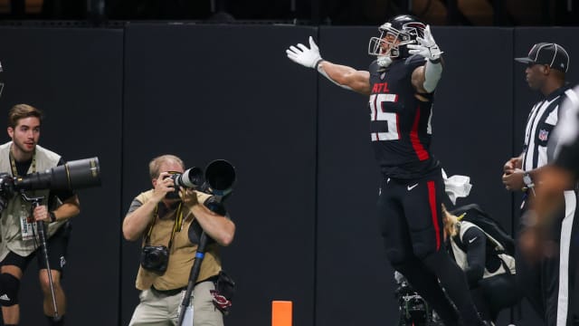 Sep 10, 2023; Atlanta, Georgia, USA; Atlanta Falcons running back Tyler Allgeier (25) celebrates after a touchdown against the Carolina Panthers in the second half at Mercedes-Benz Stadium.