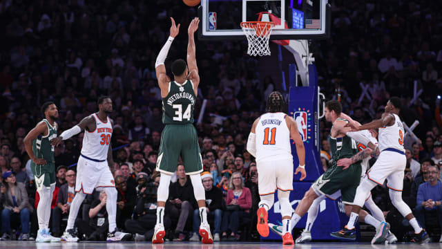Milwaukee Bucks forward Giannis Antetokounmpo (34) shoots a free throw during the first half against the New York Knicks at Madison Square Garden