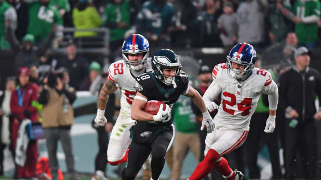 Britain Covey heads upfield on his way to a tone-setting 54-yard punt return in a Week 16 win over the New York Giants.