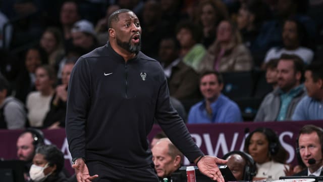 Milwaukee Bucks head coach Adrian Griffin reacts during the first quarter against the Brooklyn Nets