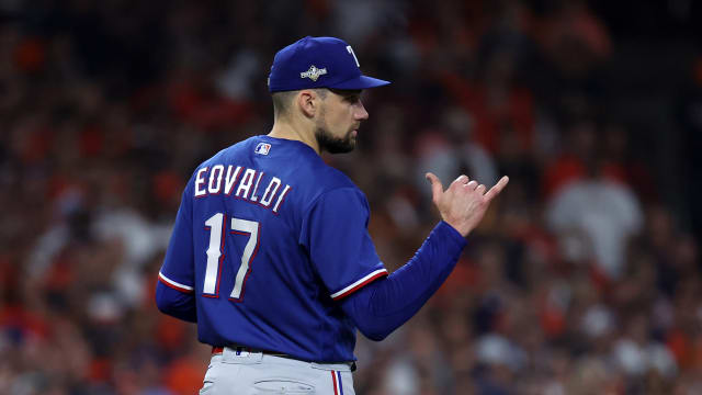 Texas Rangers starting pitcher Nathan Eovaldi reacts against the Houston Astros in the first inning during Game 6 of the ALCS on Oct. 22 at Minute Maid Park.