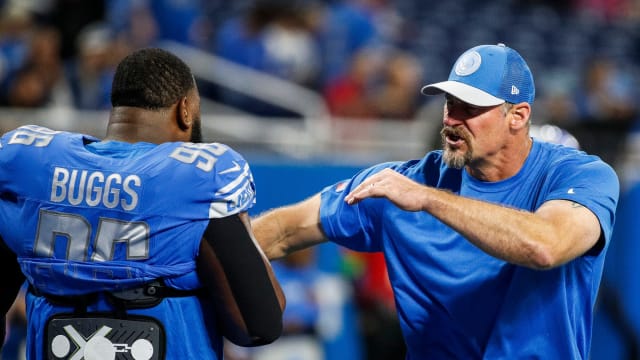 Detroit Lions head coach Dan Campbell hugs defensive tackle Isaiah Buggs before the Atlanta Falcons game at Ford Field in Detroit on Sunday, Sept. 24, 2023.  