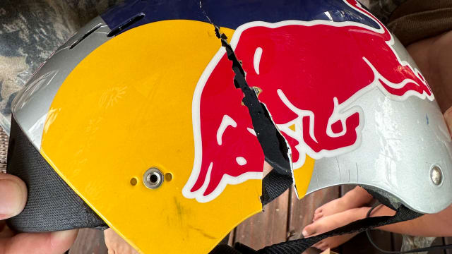 Kai Lenny's Red Bull helmet broken at Pipeline