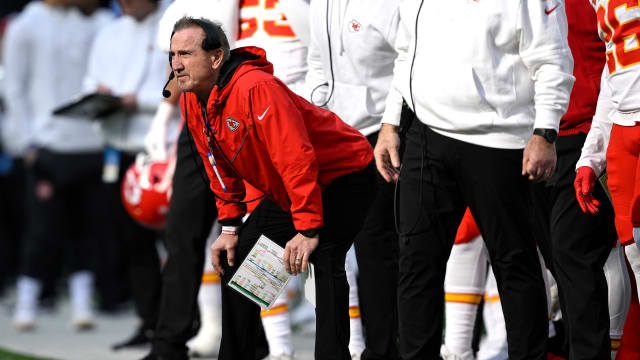 Jan 7, 2024; Inglewood, California, USA; Kansas City Chiefs defensive coordinator Steve Spagnuolo looks on from the sideline during the first half against the Los Angeles Chargers at SoFi Stadium. Mandatory Credit: Orlando Ramirez-USA TODAY Sports  