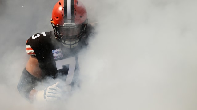 Oct 1, 2023; Cleveland, Ohio, USA; Cleveland Browns guard Joel Bitonio (75) is introduced before the game between the Browns and the Baltimore Ravens at Cleveland Browns Stadium. Mandatory Credit: Ken Blaze-USA TODAY Sports 