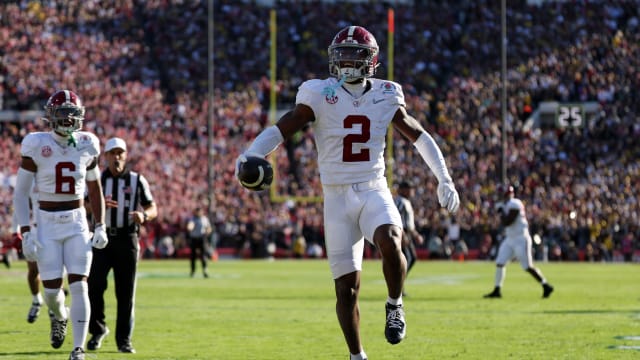 Jan 1, 2024; Pasadena, CA, USA; Alabama Crimson Tide defensive back Caleb Downs (2) celebrates after making a catch in the first quarter against the Michigan Wolverines in the 2024 Rose Bowl college football playoff semifinal game at Rose Bowl. Mandatory Credit: Kiyoshi Mio-USA TODAY Sports