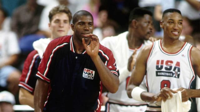 USA dream team guard Magic Johnson (left) and Scottie Pippen (8) on the sideline during the 1992 Tournament of the Americas at Memorial Coliseum.